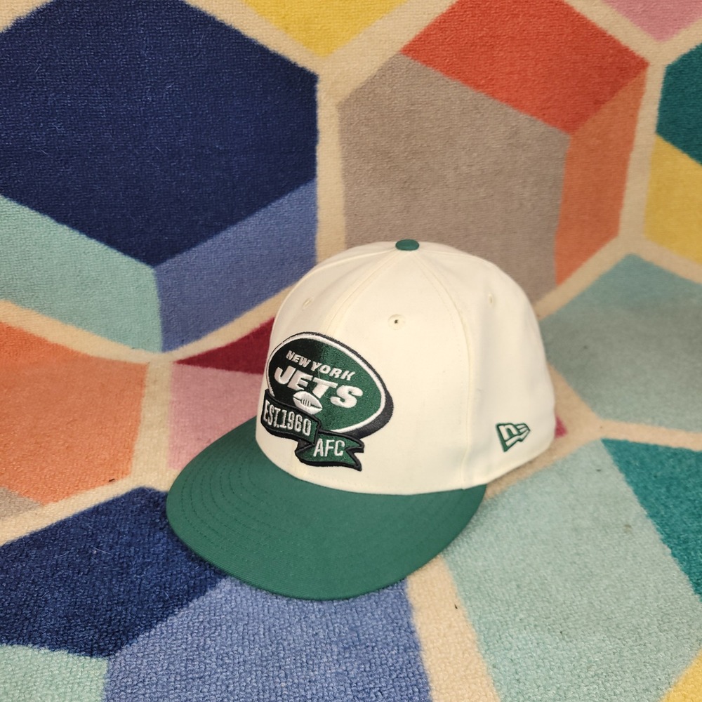 New York Jets New Era 59FIFTY Fitted Hat‎ Cream Green Size 7 5/8 EST 1960 AFC